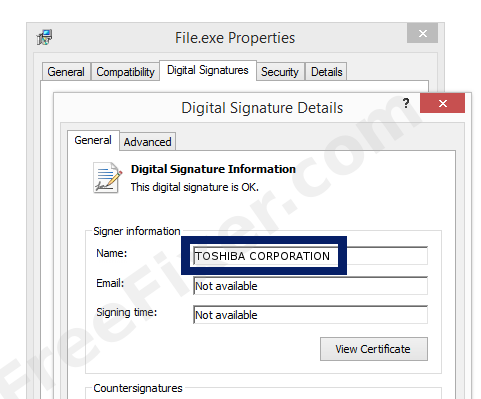 Screenshot of the TOSHIBA CORPORATION certificate